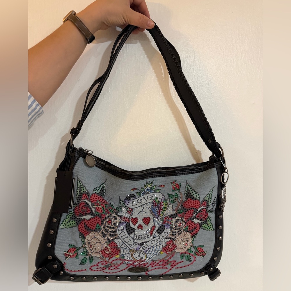 Ed Hardy Floral Skull Shoulder Bag - Black and Gray